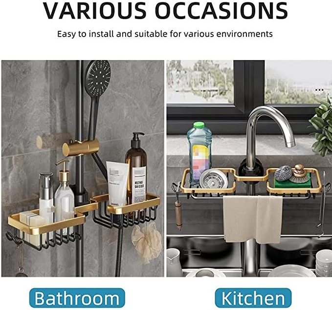 DS1273 Kitchen Space Aluminum Sink Drain Rack Sponge Storage Faucet Holder Over Faucet Soap Drainer Shelf Basket Organizer