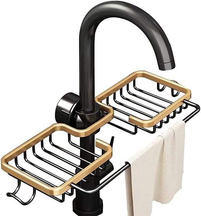 DS1273 Kitchen Space Aluminum Sink Drain Rack Sponge Storage Faucet Holder Over Faucet Soap Drainer Shelf Basket Organizer