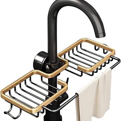 DS1273 Kitchen Space Aluminum Sink Drain Rack Sponge Storage Faucet Holder Over Faucet Soap Drainer Shelf Basket Organizer