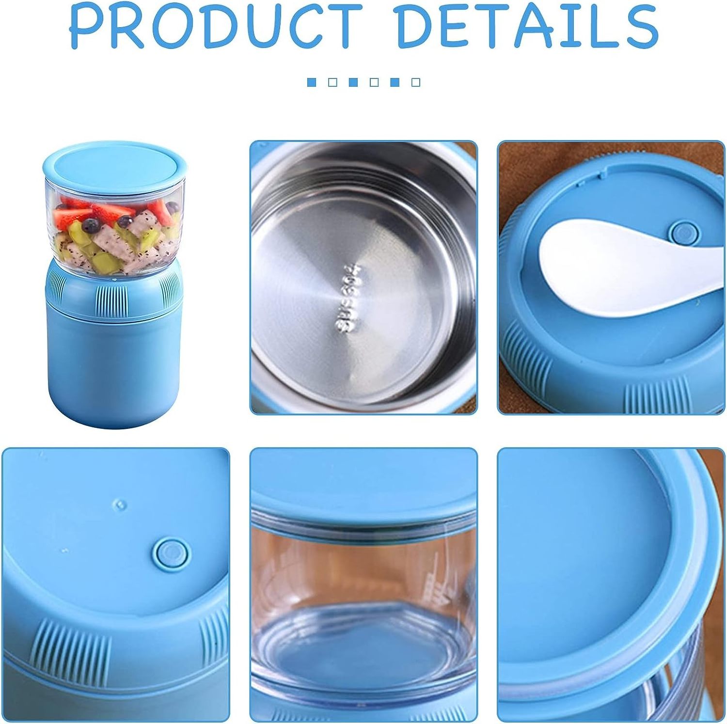 DS1920 2-Tier Cereal Cup Stainless Steel Insulated Food Container Overnight Oats Containers Yogurt Container with Lid and Spoon