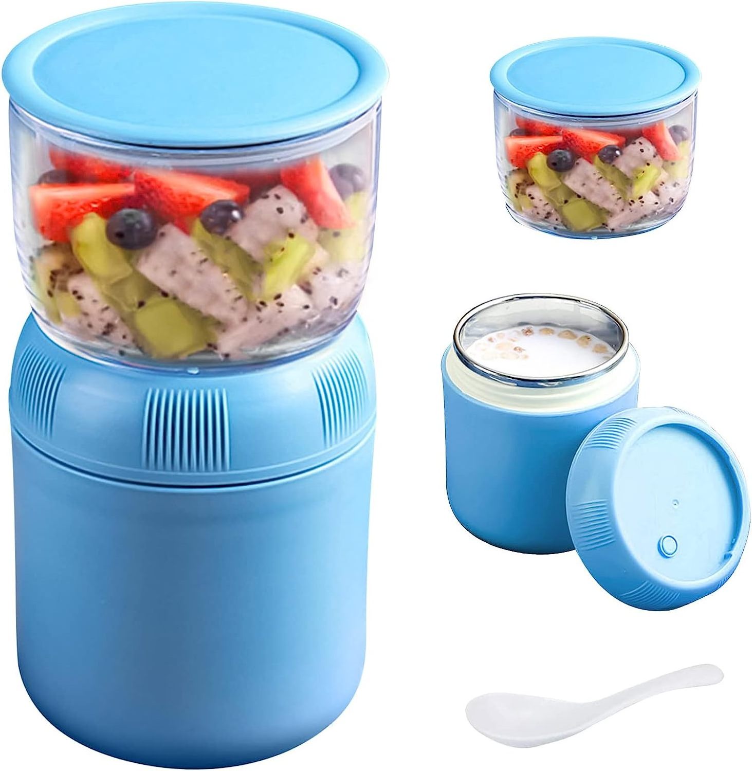 DS1920 2-Tier Cereal Cup Stainless Steel Insulated Food Container Overnight Oats Containers Yogurt Container with Lid and Spoon