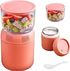 DS1920 2-Tier Cereal Cup Stainless Steel Insulated Food Container Overnight Oats Containers Yogurt Container with Lid and Spoon