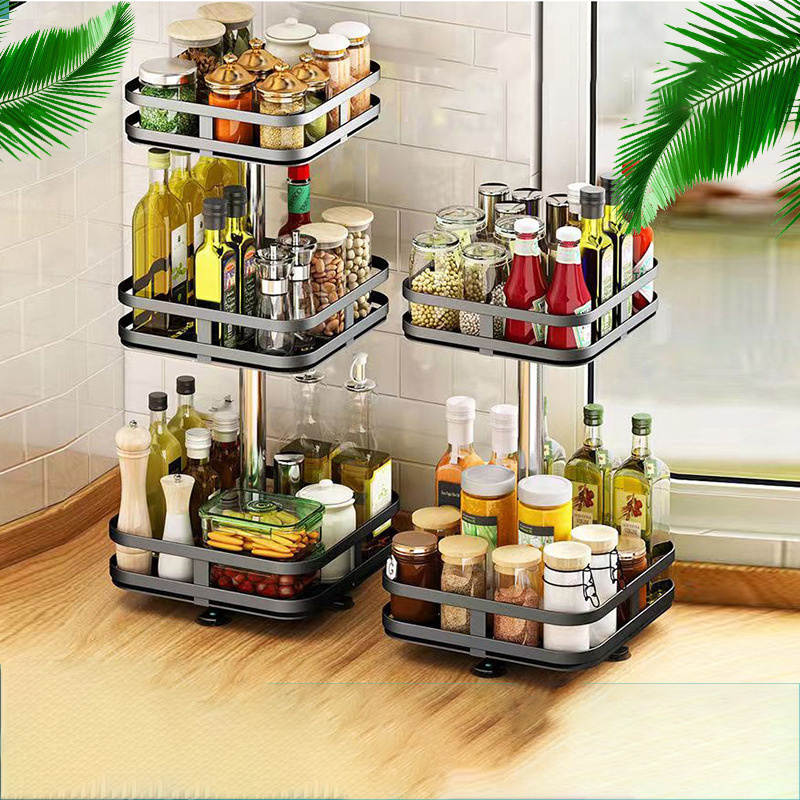 DS2158 Square Rotatable Seasoning Organizer for Kitchen Bathroom Height Adjustable Spice Shelf 3 Tier Rotating Spice Rack