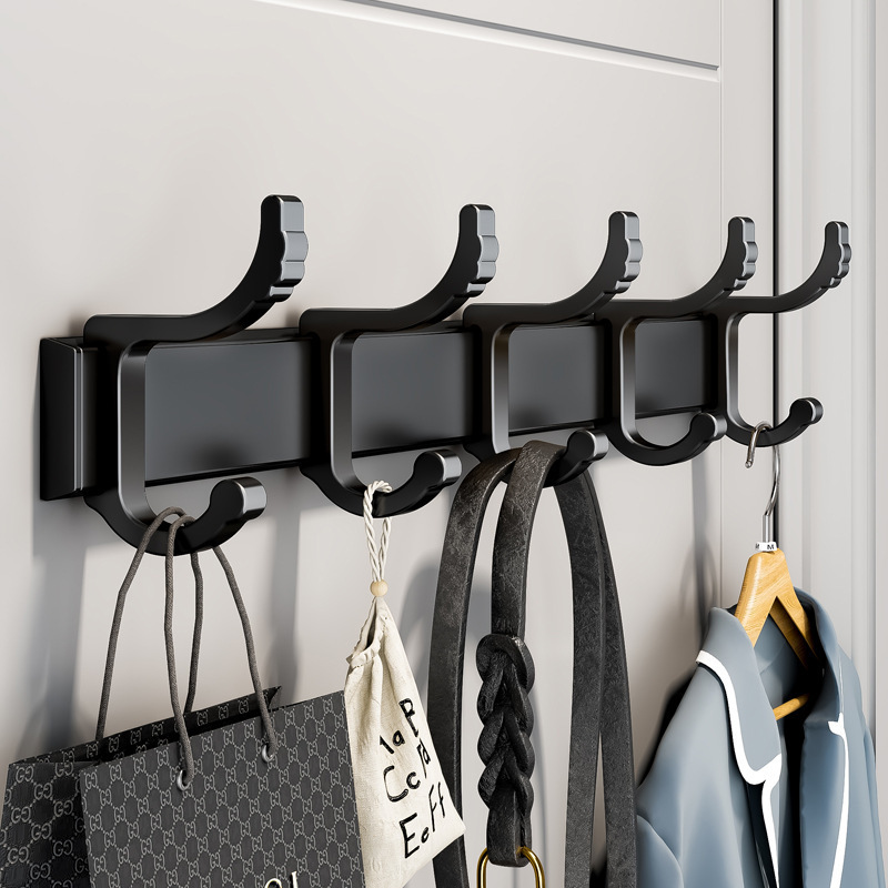 GG462 Bathroom Space Aluminum Storage Row Hooks No Drill Door Back Coat Wall Hanging Hook Removable Black Hook