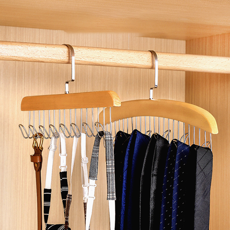 DS2593 Hat Organizer Clip Hangers Wooden Hooks Belt Holder Organizer Wood Belt Hanger Rack for Closet Organization