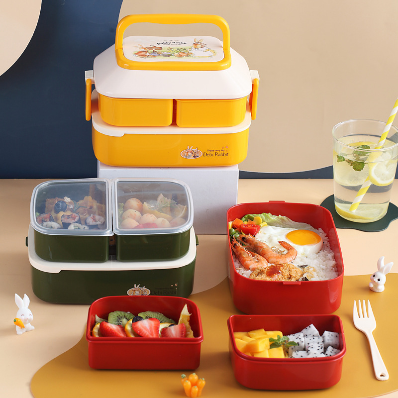 WS174 South Korea Ins Style Bento Box Double Layers Large PP Lunch Box Cute Rabbit Portable Student Office Microwave Lunch Box