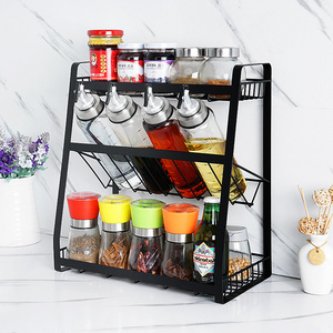 QL328 Hot Sale Black Three Tier Kitchen Supplies Shelf With Mesh Metal Kitchen Spice Storage Rack