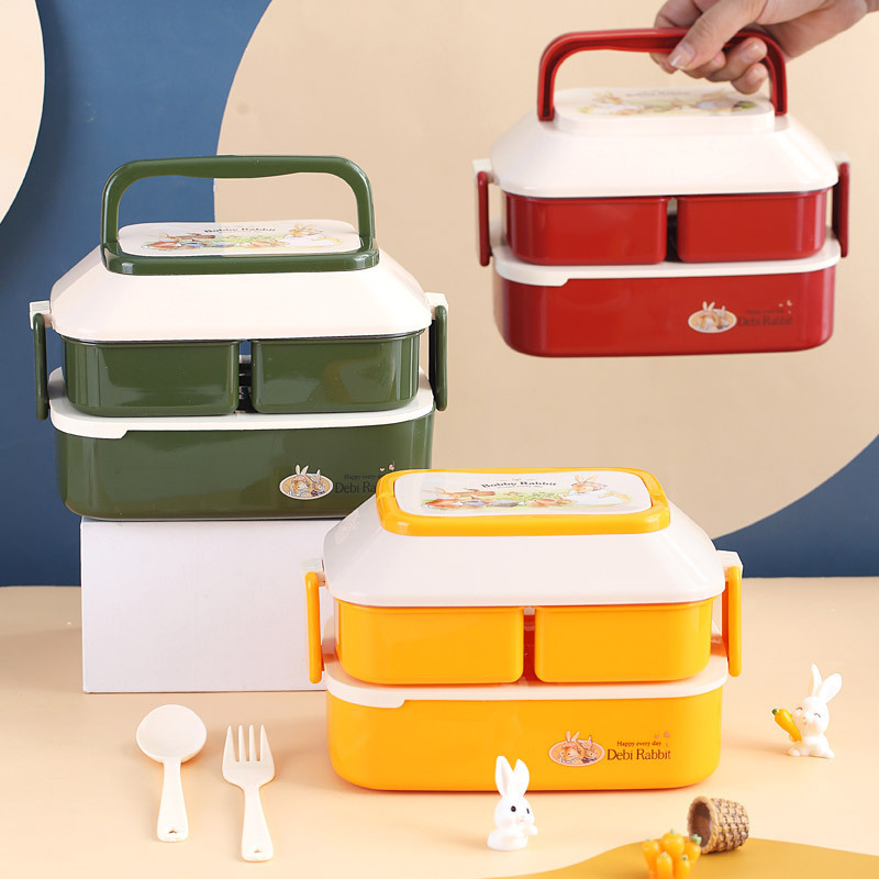 WS174 South Korea Ins Style Bento Box Double Layers Large PP Lunch Box Cute Rabbit Portable Student Office Microwave Lunch Box