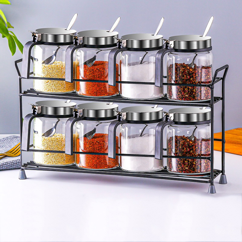 LMK319 Punch-Free Multifunctional Kitchen Cabinet Spice Rack Metal Wall Mount Mason Jar Hanging Shelf and Seasoning Jar Set