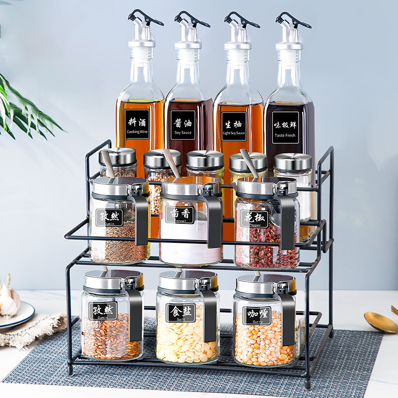 LMK319 Punch-Free Multifunctional Kitchen Cabinet Spice Rack Metal Wall Mount Mason Jar Hanging Shelf and Seasoning Jar Set