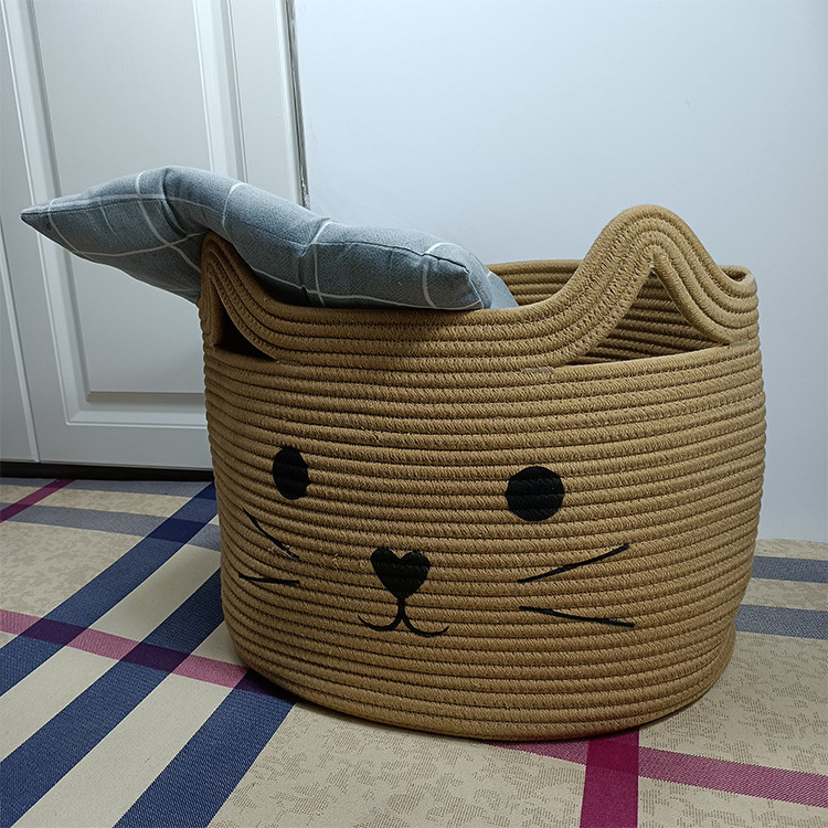 DLL363 Nordic Cute Cat Cotton Woven Undershelf Clothes Body Bath Kids Toy Storage Basket With Hand Home Decor