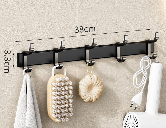 GG462 Bathroom Space Aluminum Storage Row Hooks No Drill Door Back Coat Wall Hanging Hook Removable Black Hook