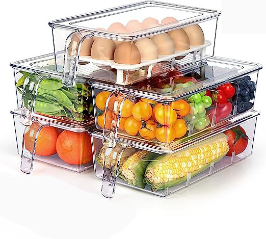 DS2258 Stackable Refrigerator Organizer Bins with Lids Clear Storage Bins Vegetable Food Storage Containers PET Fridge Organizer