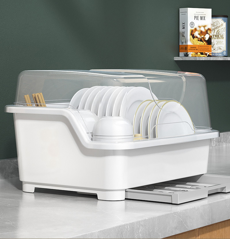 DS2092 Tableware Storage Box Kitchen Dish Drying Rack Tray Dish Drainer Plastic Dish Drying Rack With Drainboard and Lid Cover