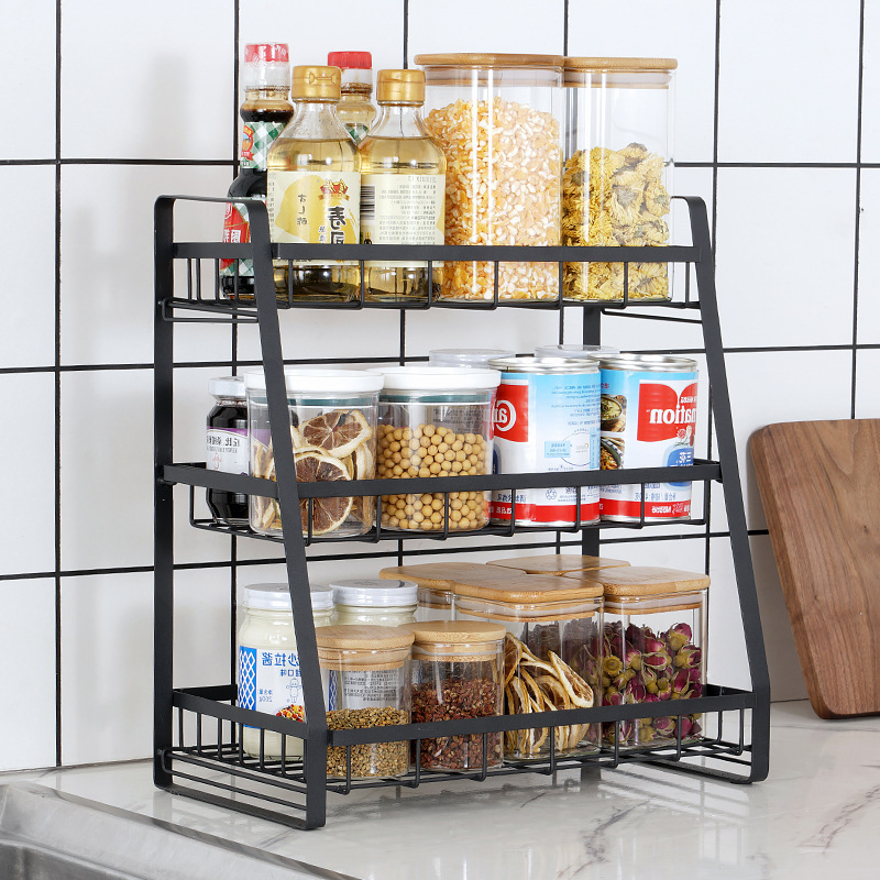 QL328 Hot Sale Black Three Tier Kitchen Supplies Shelf With Mesh Metal Kitchen Spice Storage Rack