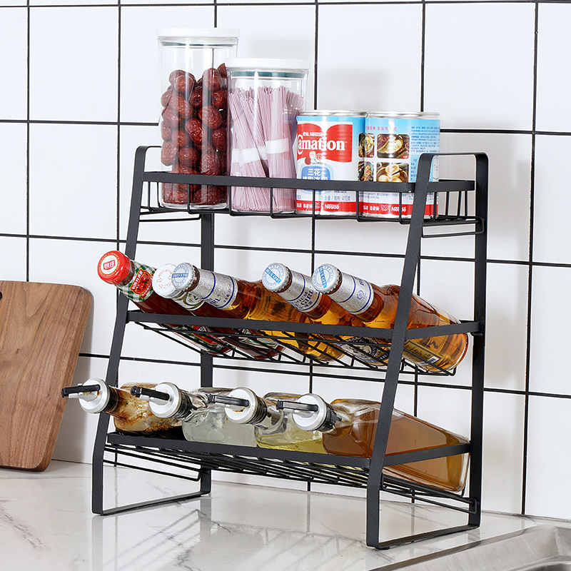 QL328 Hot Sale Black Three Tier Kitchen Supplies Shelf With Mesh Metal Kitchen Spice Storage Rack