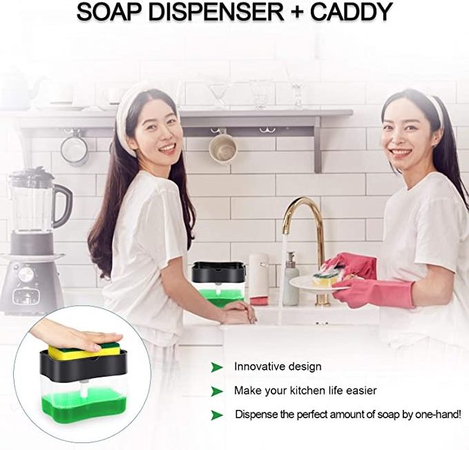 P1222 Countertop Dishwashing Soap Pump Dispenser Kitchen Dish Soap Dispenser Sponge Holder 2 in1 Hand Pump Liquid Soap Dispenser