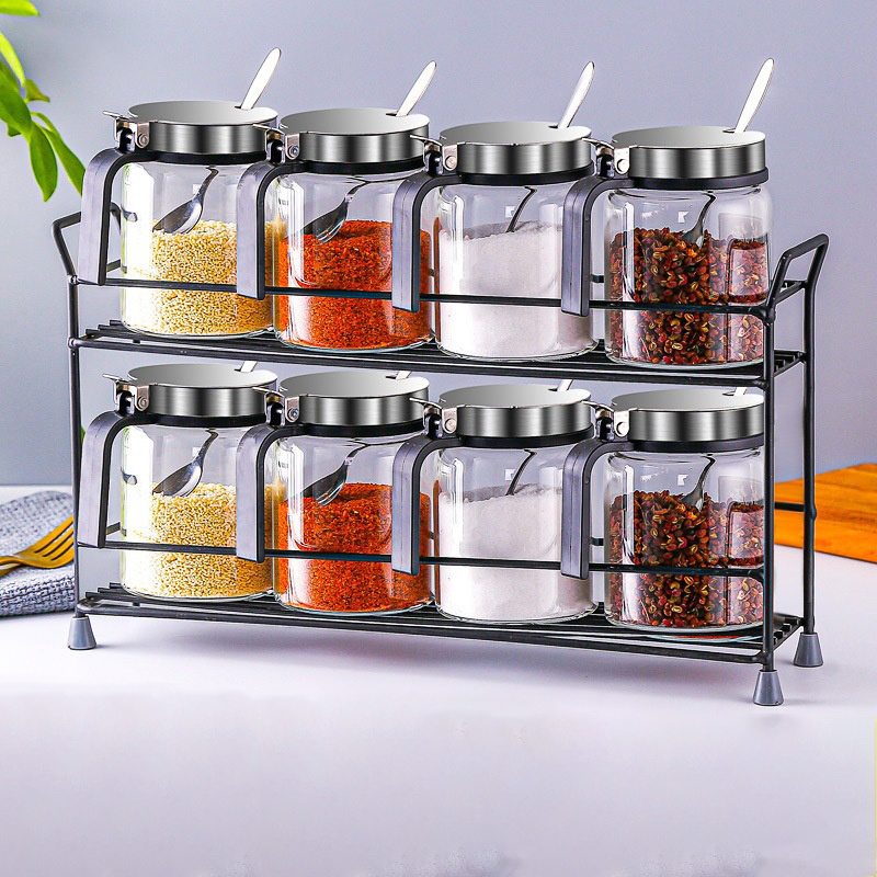 LMK319 Punch-Free Multifunctional Kitchen Cabinet Spice Rack Metal Wall Mount Mason Jar Hanging Shelf and Seasoning Jar Set