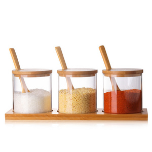 WS297 Wholesale Bamboo Wood Lid Seasoning Jar Set Household 3-piece Set Spice Jar Kitchen Storage Spice Racks