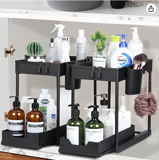 DS2287 Pull Out Cabinet Organizer Sliding Drawer 2-Tier Slide Out Under Bathroom Sink Shelf  Kitchen Under Sink Organizer