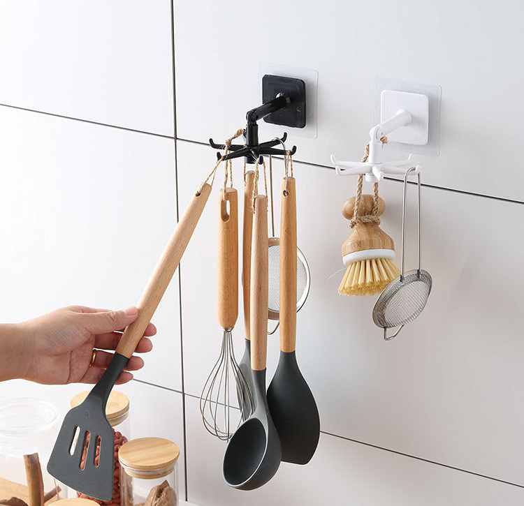 DLL495 New Rotatable Hook No Drilling Strong Adhesive Household Kitchen Bathroom Spatula Knives Small Holder Wall Storage Rack