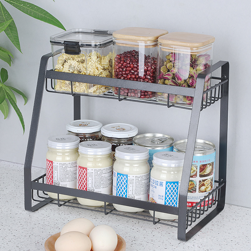 QL328 Hot Sale Black Three Tier Kitchen Supplies Shelf With Mesh Metal Kitchen Spice Storage Rack