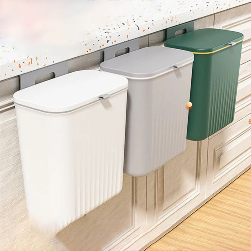 DS1806 Kitchen Cabinet Door Hanging Waste Bin Wall Mounted Garbage Can Plastic Compost Bin 9L Hanging Trash Can with Lid