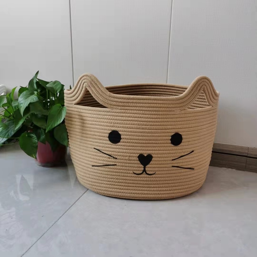 DLL363 Nordic Cute Cat Cotton Woven Undershelf Clothes Body Bath Kids Toy Storage Basket With Hand Home Decor