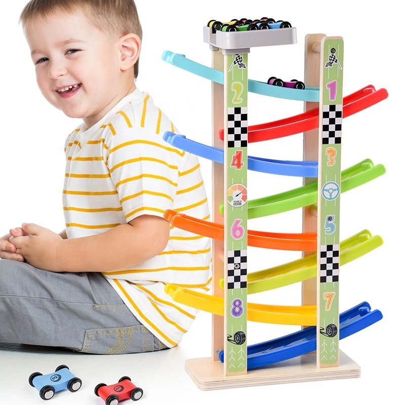 Kids Toddler Toys Gliding Roller Coaster Baby Wooden Race Track Mini Car Ramp Racer Educational Slippery Car Toy for Child Play