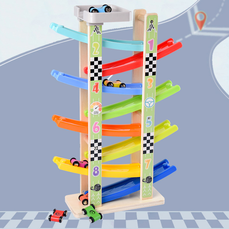 Kids Toddler Toys Gliding Roller Coaster Baby Wooden Race Track Mini Car Ramp Racer Educational Slippery Car Toy for Child Play