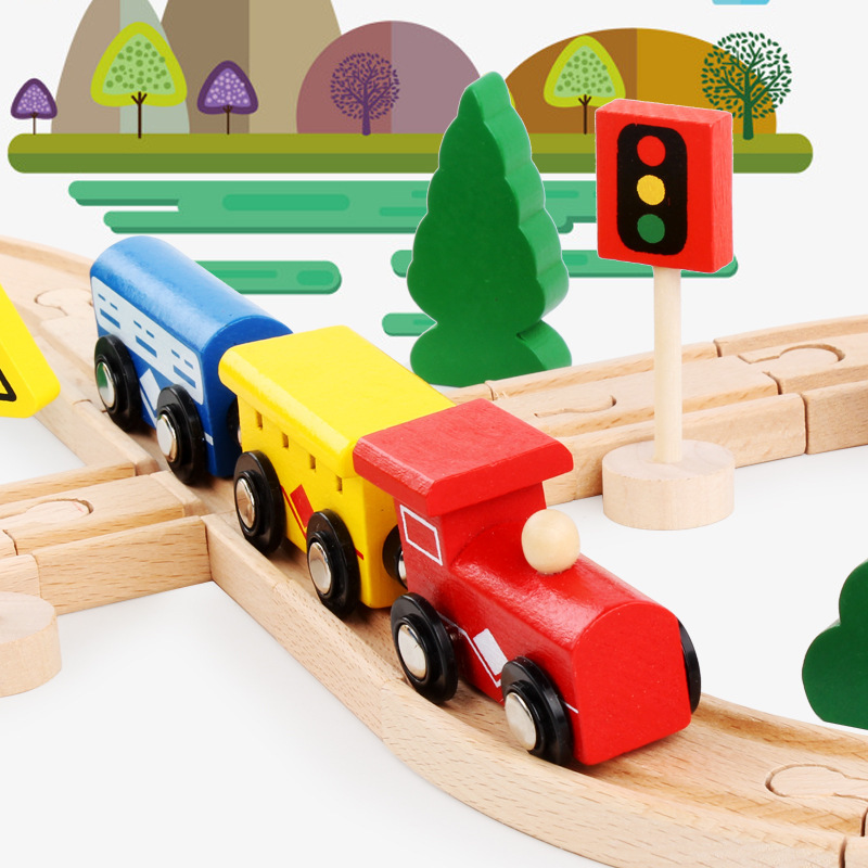 33PCS DIY Wooden Train Track Toys Wooden Railway Tracks Accessories Wood Magnetic Train Tracks Educational Toys for Kids Gift