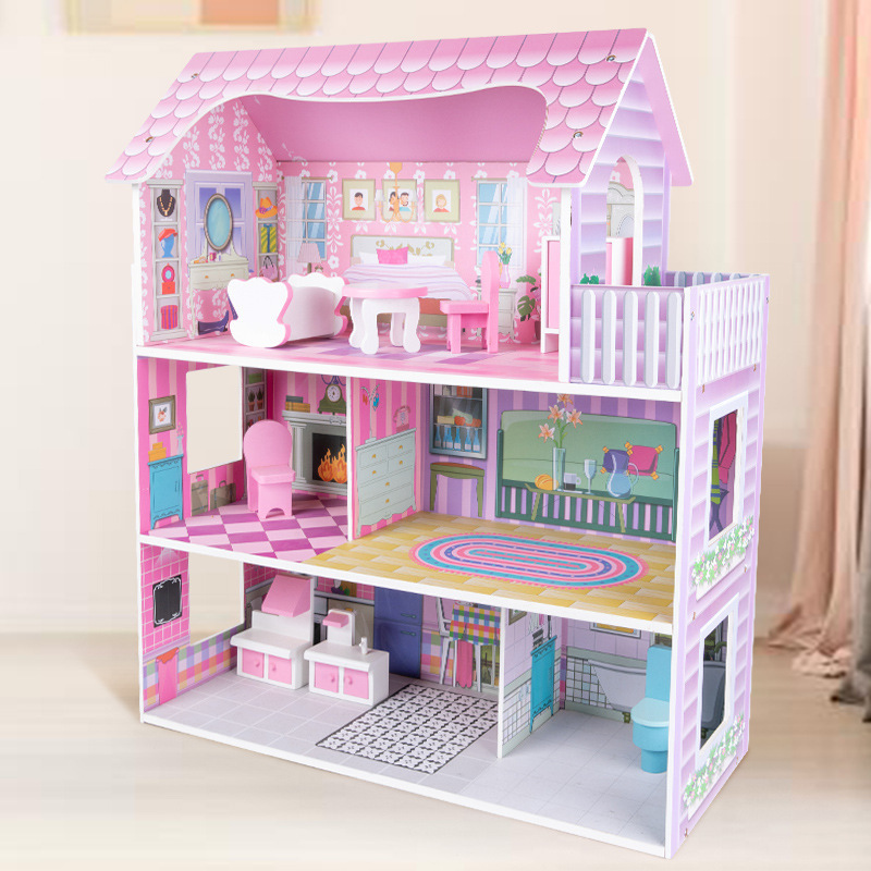 2023 Montessori Toys 3 Floors Big Wooden Dollhouse Toys Kids Pretend Play House Furniture Wooden Doll House Toy For Toddler