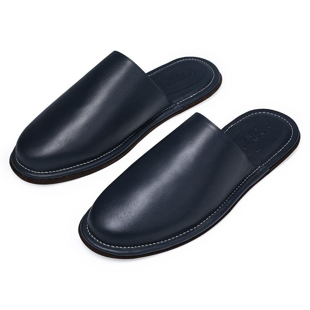 Private labeling manufacturers wholesale navy blue pure leather bedroom indoor morning sleepers slides slippers shoes