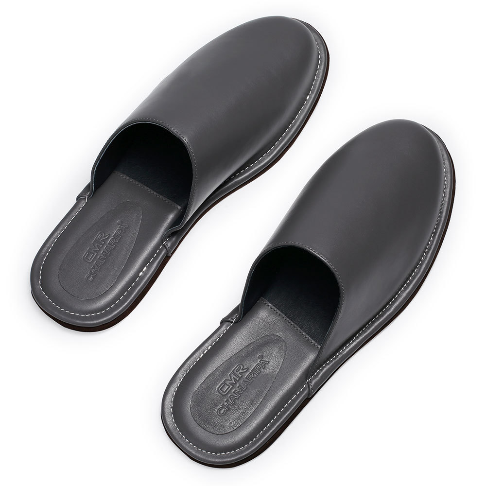 Private labeling manufacturers wholesale navy blue pure leather bedroom indoor morning sleepers slides slippers shoes