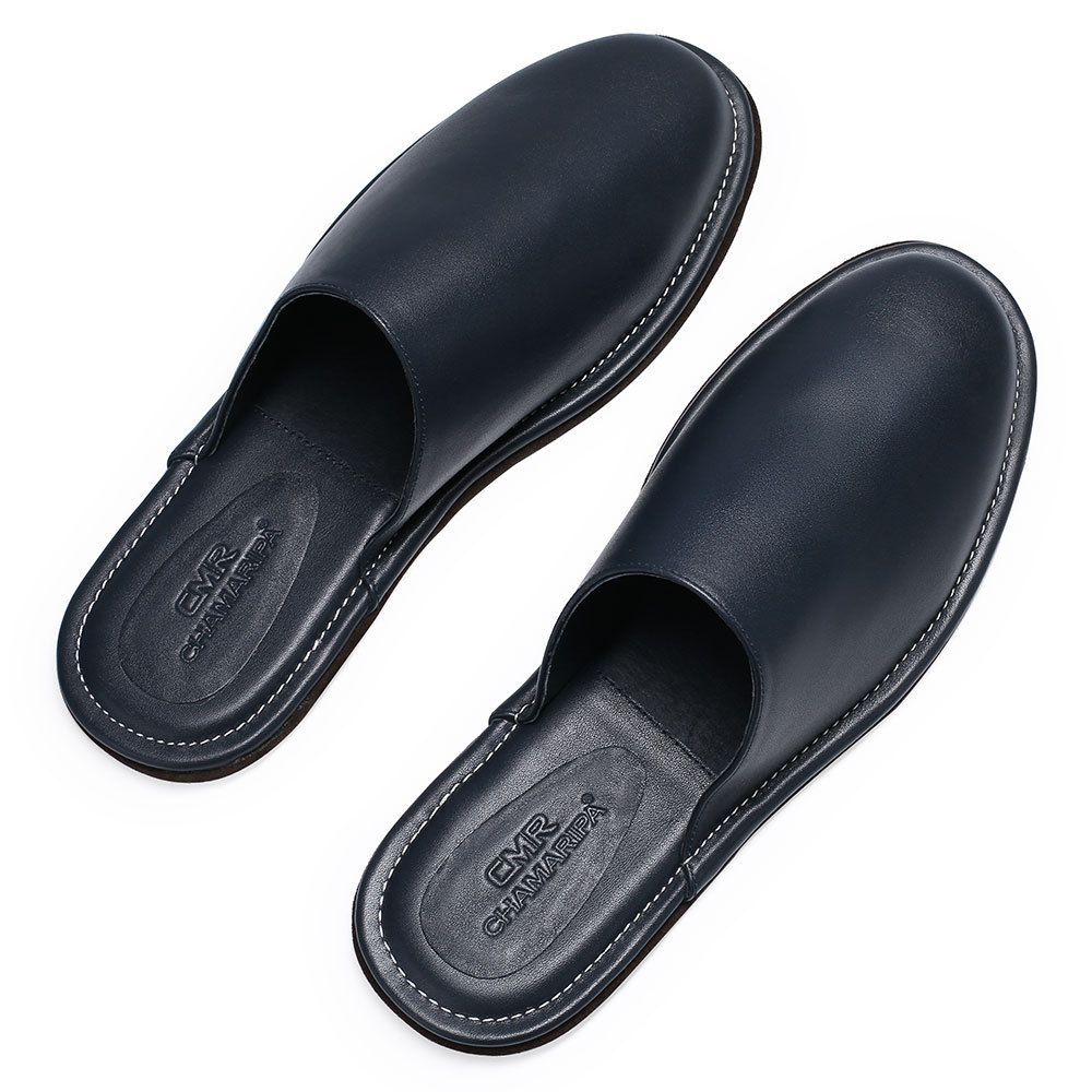 Private labeling manufacturers wholesale navy blue pure leather bedroom indoor morning sleepers slides slippers shoes