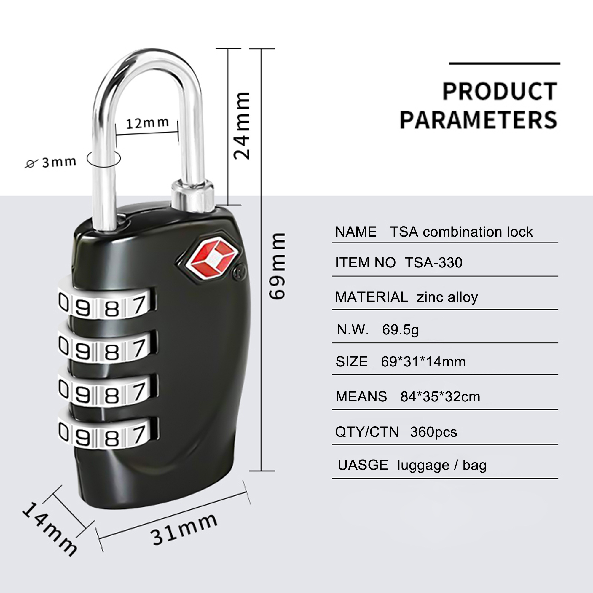 TSA-330 TSA accepted high quality zinc alloy  travel luggage bag use resettable 4 digits  tsa combination lock