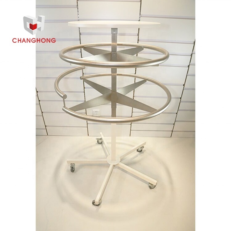 Rotation display stand clothing display rack and shelf spiral garment display rack with wheels for clothes store