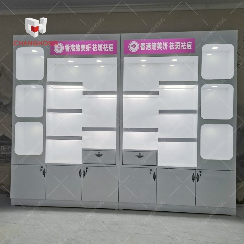 shop shelves and display cabinets with led light customized unique salon cosmetic display shelf design barber shop cabinet