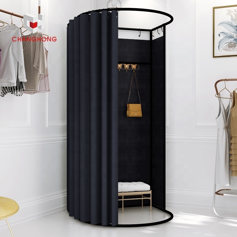 Modern Boutique Retail Store Dressing Room Changing Room Simple Metal Mobile Clothes Shop Fitting Room With Fabric Curtain