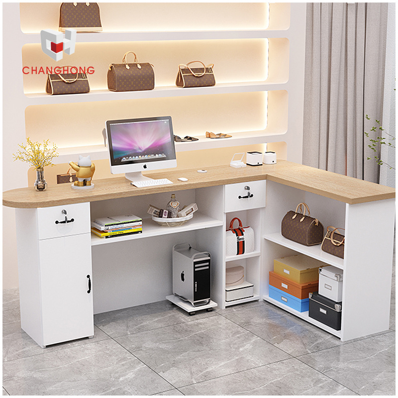 Factory Direct sale Simple wooden L-shaped cashier desk table retail shop and handbag store cash counter table