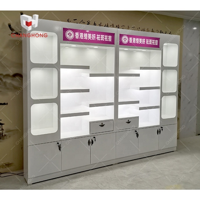 shop shelves and display cabinets with led light customized unique salon cosmetic display shelf design barber shop cabinet