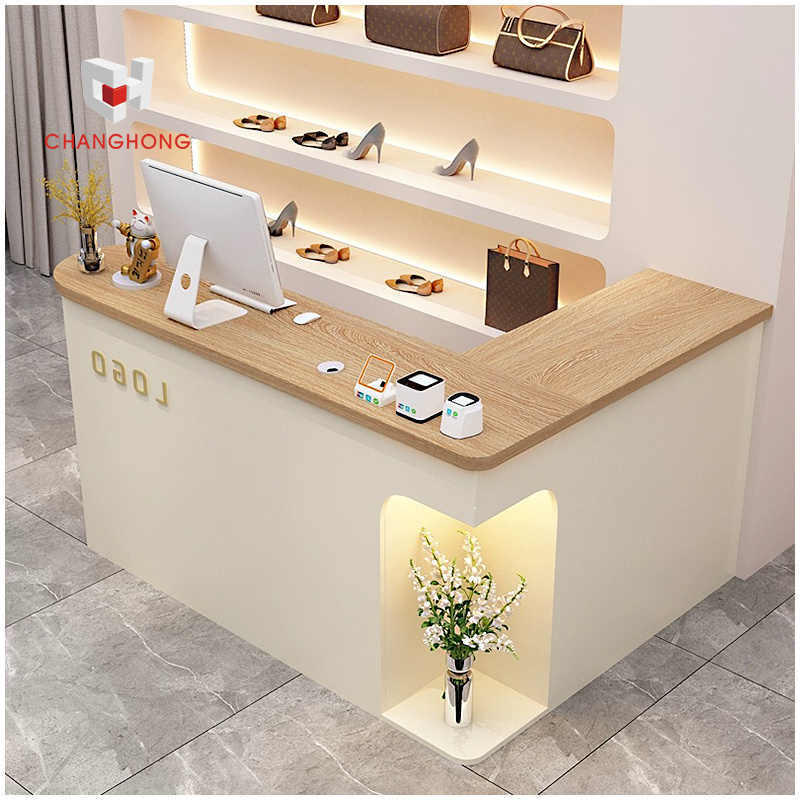 Factory Direct sale Simple wooden L-shaped cashier desk table retail shop and handbag store cash counter table