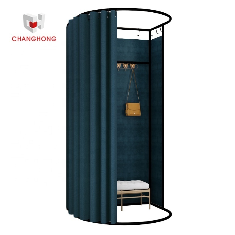 Modern Boutique Retail Store Dressing Room Changing Room Simple Metal Mobile Clothes Shop Fitting Room With Fabric Curtain