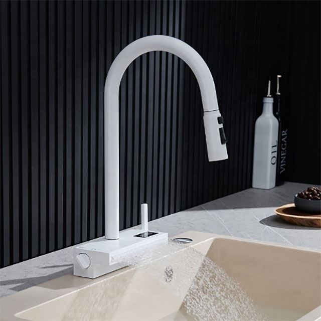 High End All Copper Waterfall Household Pull Hydraulic Electrogenerating Digital Display Revolving Kitchen Faucet