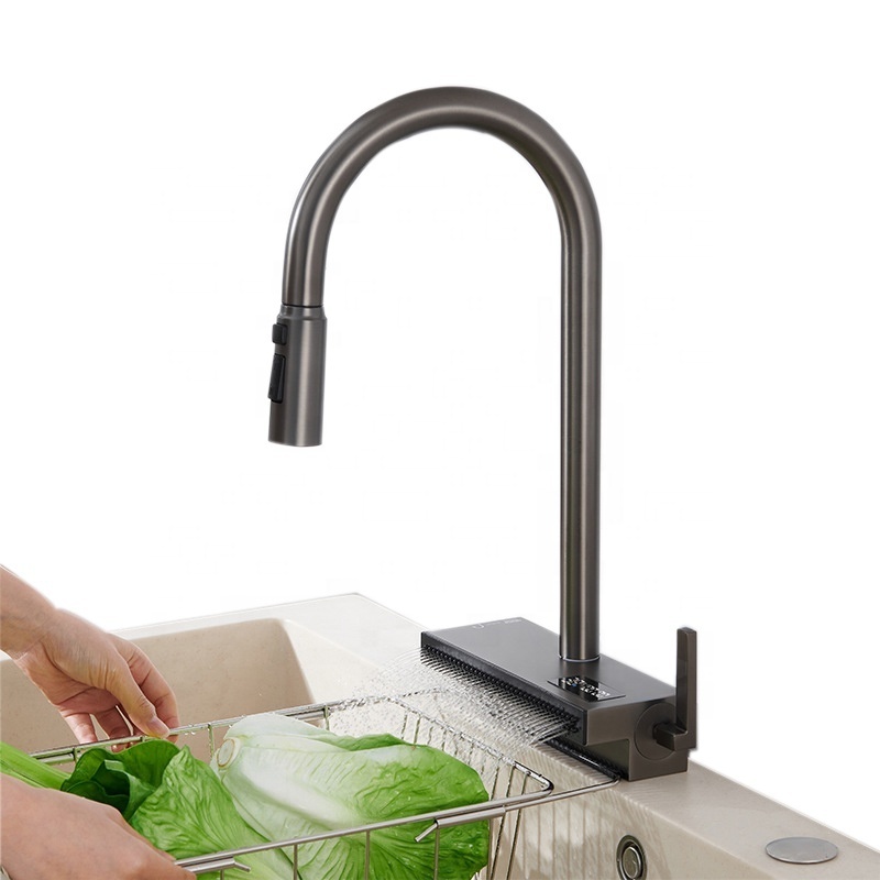 High End All Copper Waterfall Household Pull Hydraulic Electrogenerating Digital Display Revolving Kitchen Faucet