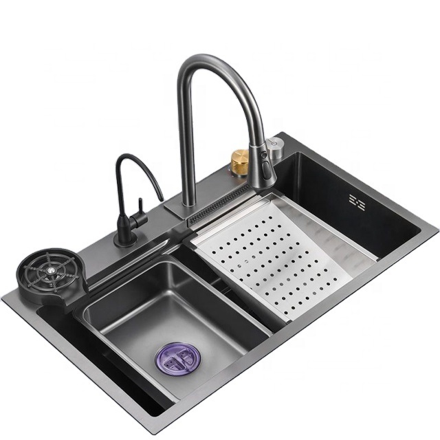 Led Digital Display   Fly Rain Pull-Out Faucet 304 Stainless Steel Black Nano Smart Kitchen Sink With Cup Washer