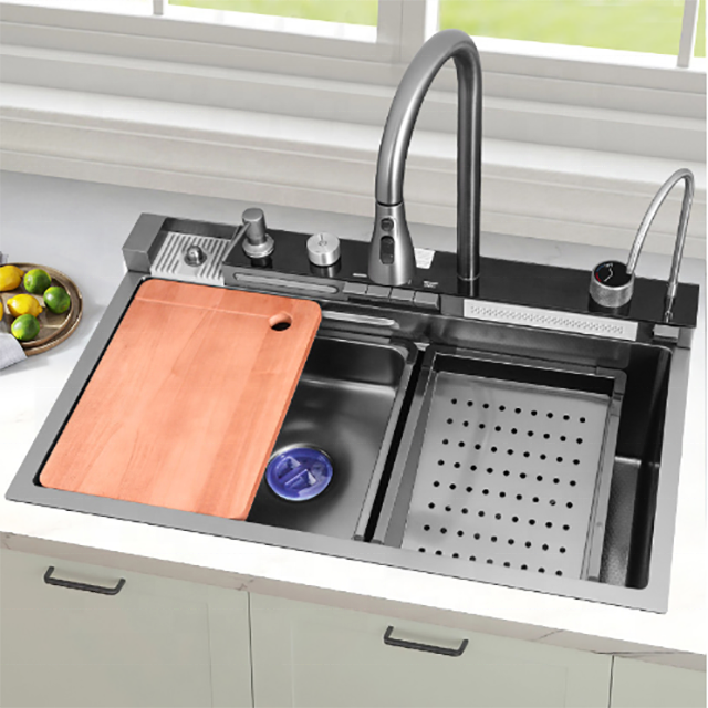 Complete Whole Set Waterfall Kitchen Sink Stainless Steel  Big Single Bowl with Dish Rack Under Mount Sinks