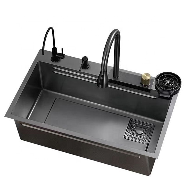 Led Digital Display   Fly Rain Pull-Out Faucet 304 Stainless Steel Black Nano Smart Kitchen Sink With Cup Washer