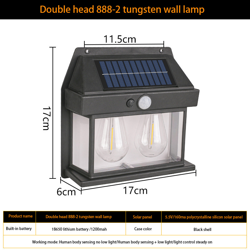 Solar Tungsten Filament Lamp Outdoor IP65 Intelligent Induction Wall Lamp Courtyard Garden Villa Lighting Night Light