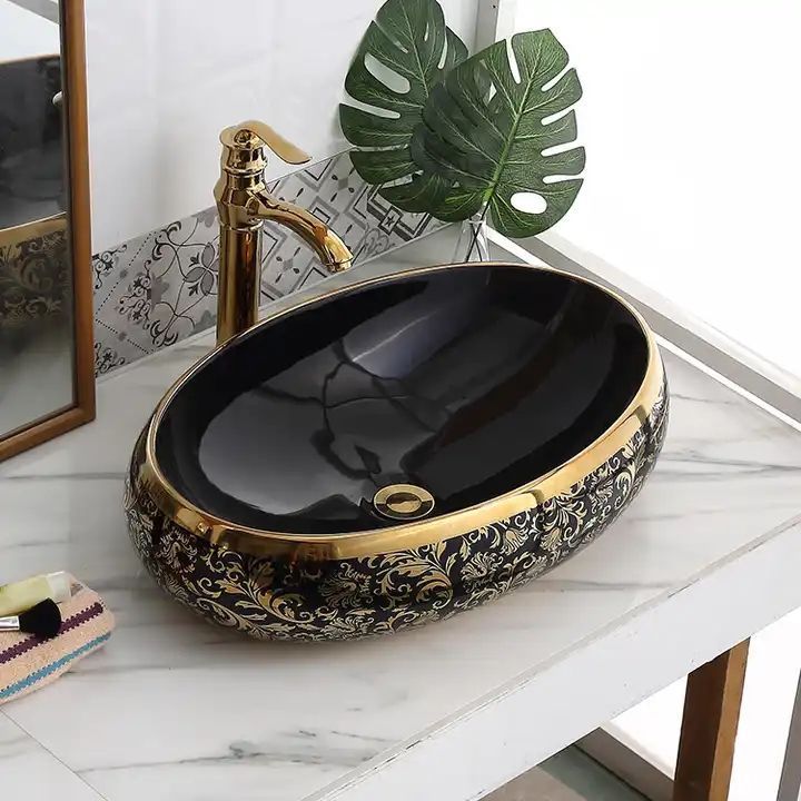 High Quality Luxury Modern Oval Art Basin Ceramic Gold Black Bathroom Sink Counter Top Hand Wash Basin